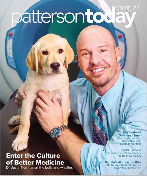 Cover of magazine: PattersonToday with Dr. Justin Kerr and young Lab. Spring '20. 