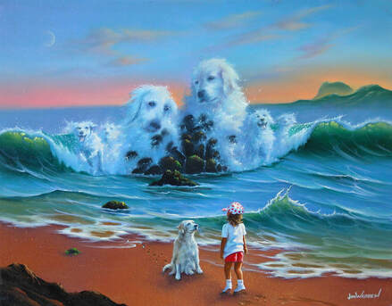 Picture of painting - Retrievers formed from waves and rocks in the water in the surf of a beach. Actual retriever sits and looks at its human child. Dusk background with pink, orange, and blue; thin clouds, crescent moon barely visible